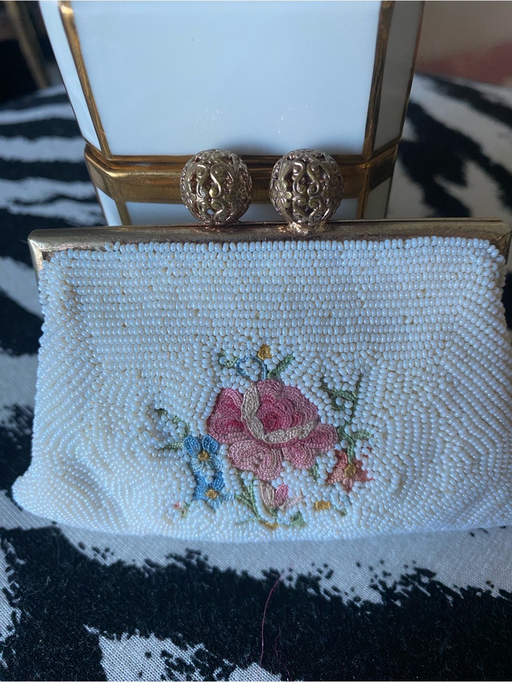 Vintage 30’s Tiny White Glass Bead Embroidered Coin Purse Made in France